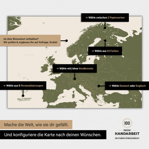 Landkarte von Europa als Poster in der Farbe Grün zeigt die vielen Konfigurationsmöglichkeiten