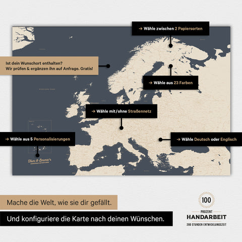 Landkarte von Europa als Poster in der Farbe Hale Navy (Dunkelblau-Gold) zeigt die vielen Konfigurationsmöglichkeiten