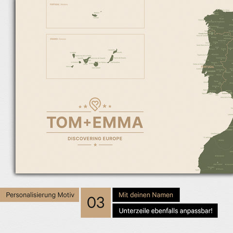 Europakarte als Poster in Olive Green mit alternativer Personalisierung in einem sehr modernen Erscheinungsbild