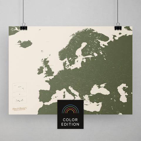 Europa Karte Travel zum Pinnen von Reisen in Olive Green als Poster kaufen