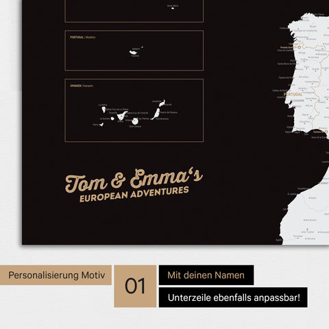 Europa Karte als Poster in Schwarz-Weiß mit Personalisierung und Namen