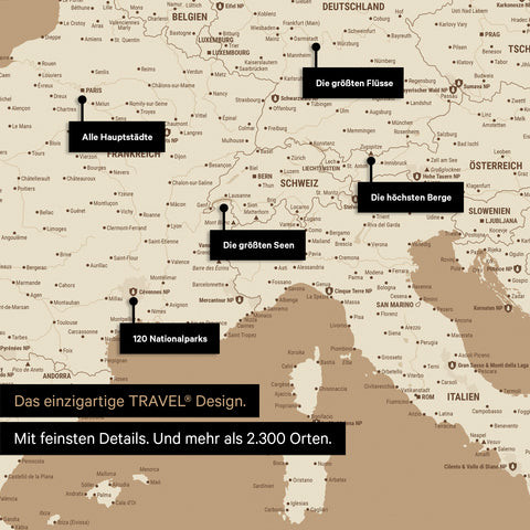 Robustes Poster als Europa Karte in Treasure Gold zum Pinnen von Reisen