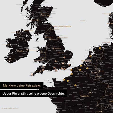 Pinnen von Reisezielen auf Europa Karte als Poster in Light Black
