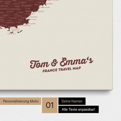 Landkarte von Frankreich als Pinnwand Leinwand in Bordeaux Rot mit Personalisierung und Namen in einer modernen Schreibschrift