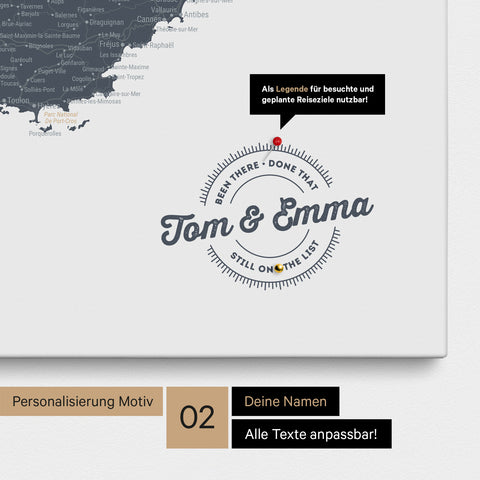 Frankreich-Karte Pinn-Leinwand in Denim Blue mit Personalisierung als rundes Logo, das eine Legende für bereits besuchte Reiseziele im Rundtext beinhaltet