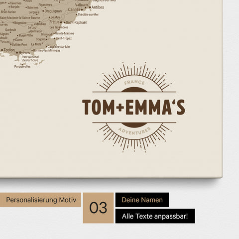 Frankreich-Karte TRAVEL® Pinn-Leinwand – Desert Sand