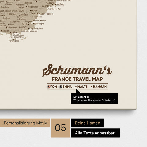 Frankreich-Karte TRAVEL® Pinn-Leinwand – Desert Sand