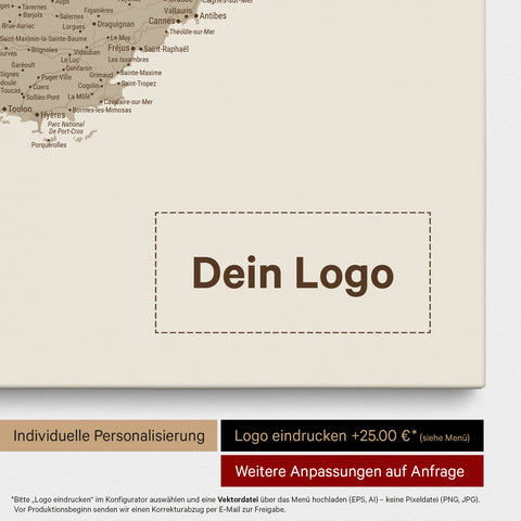 Frankreich-Karte TRAVEL® Pinn-Leinwand – Desert Sand