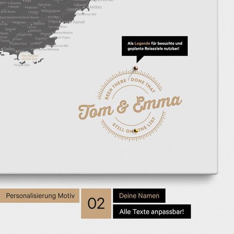 Frankreich-Karte Pinn-Leinwand in Light Gray mit Personalisierung als rundes Logo, das eine Legende für bereits besuchte Reiseziele im Rundtext beinhaltet