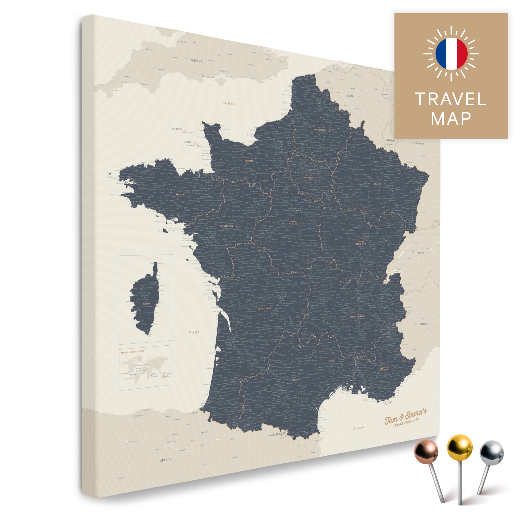 France Map TRAVEL® Push Pin Map – Navy Light – Breuers Weltkarten