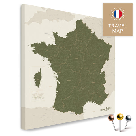 Frankreich-Landkarte in der Farbe Grün in einem modernen, minimalistischem Design als Leinwand zum Pinnen von Reisen und Orten