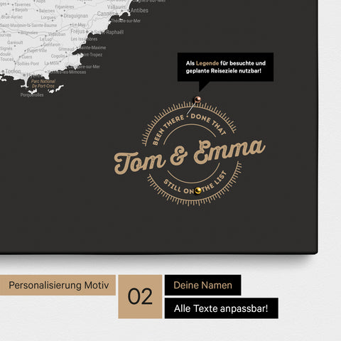 Frankreich-Karte Pinn-Leinwand in Schwarz-Weiß mit Personalisierung als rundes Logo, das eine Legende für bereits besuchte Reiseziele im Rundtext beinhaltet