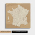 Neutrale Standard Ausführung der detaillierten Frankreich-Karte als Pinnwand Leinwand in Treasure Gold ohne Personalisierung