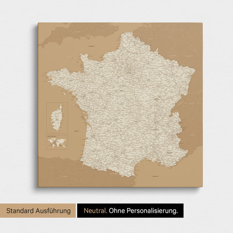 Neutrale Standard Ausführung der detaillierten Frankreich-Karte als Pinnwand Leinwand in Treasure Gold ohne Personalisierung