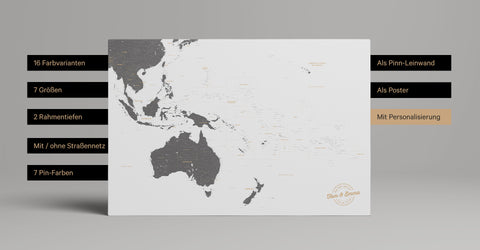 Australien- und Ozeanien-Landkarte mit Ausschnitt von Südost-Asien als Leinwand zum Pinnen und Markieren von Reisezielen
