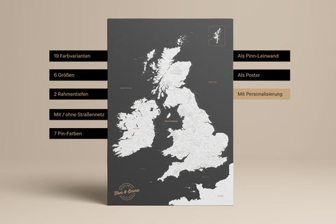 Highlights unserer England-Landkarte als Pinn-Leinwand