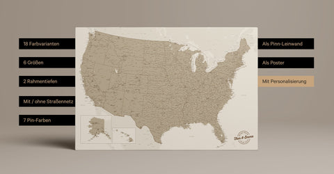 Highlights der USA Landkarte als Pinn-Leinwand