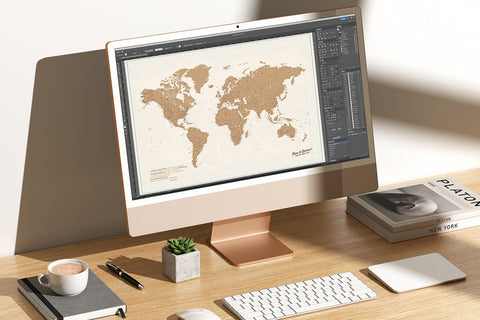 iMac Monitor zeigt den Prototypen einer Weltkarte in Adobe Illustrator