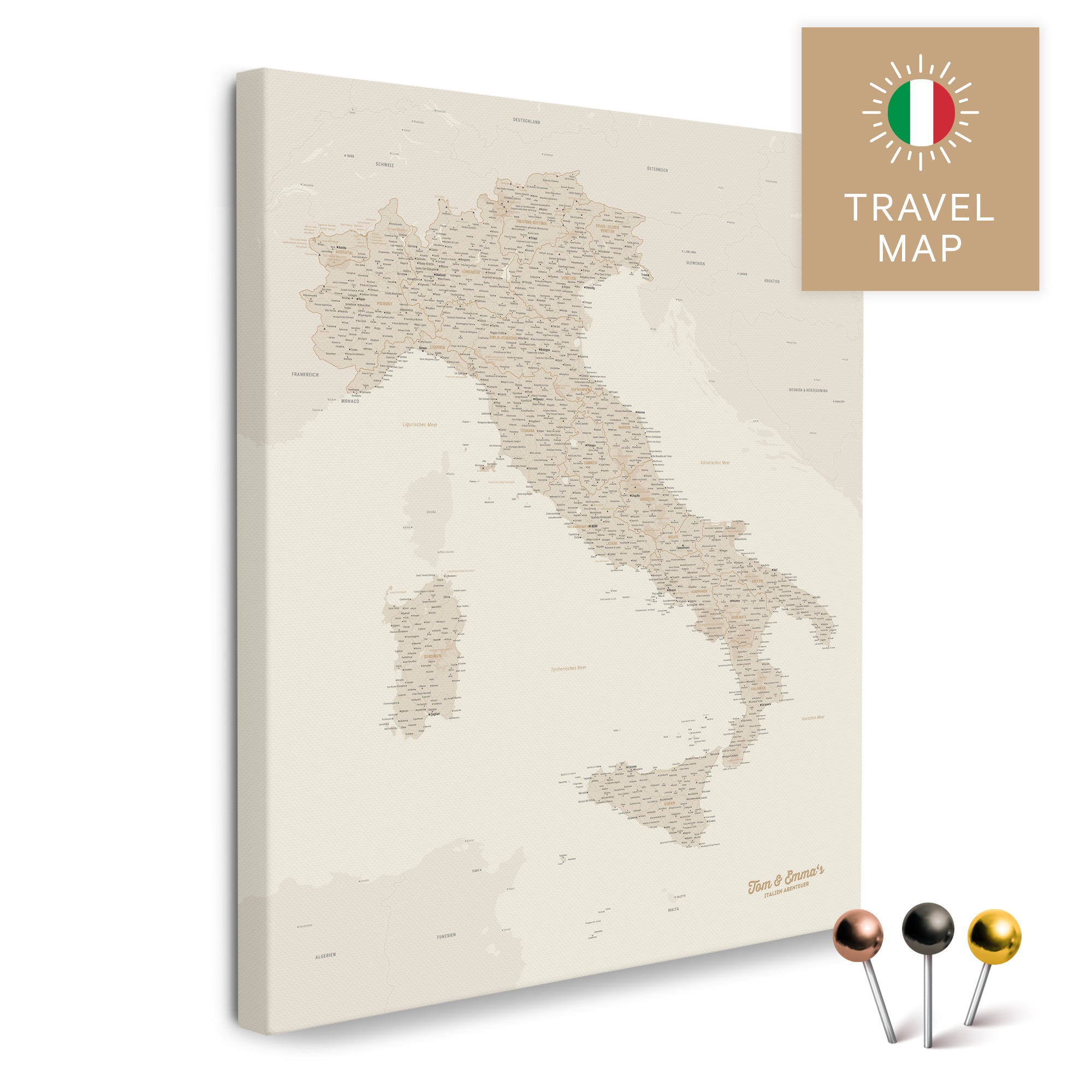 Italy Map TRAVEL® Push Pin Map | Gold – Breuers Weltkarten