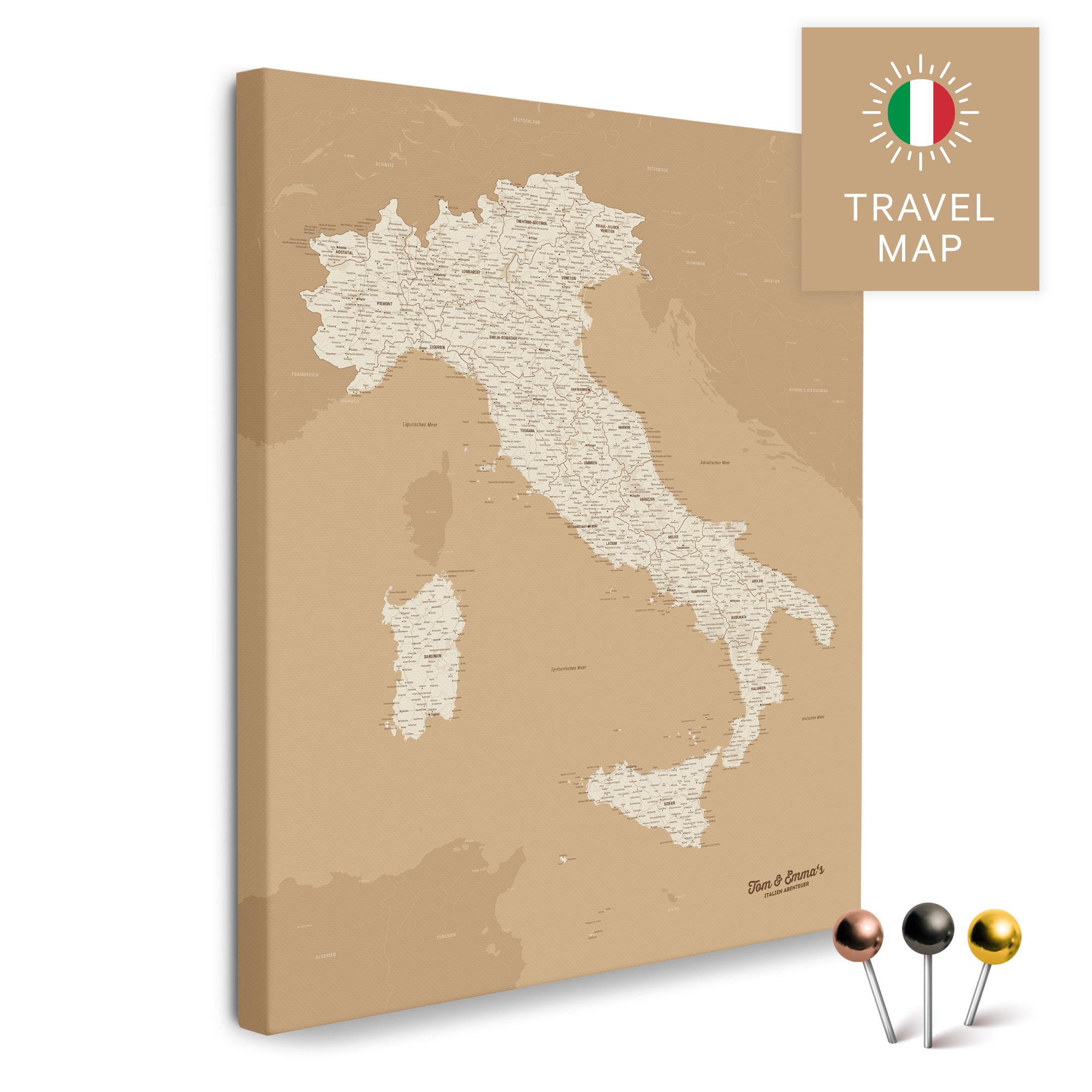Italy Push Pin Map TRAVEL® | Treasure Gold – Breuers Weltkarten