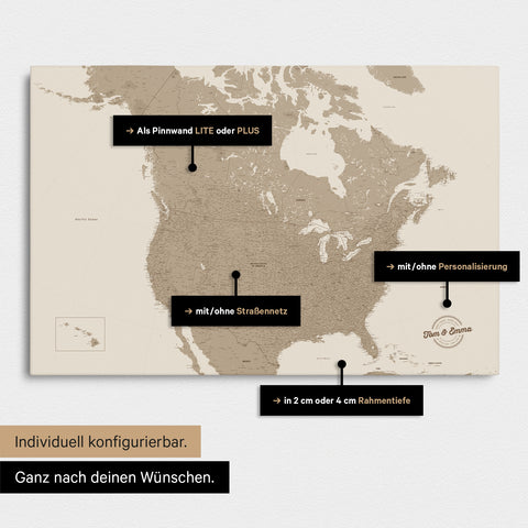 Vielfältige Konfigurationsmöglichkeiten einer Kanada & USA Landkarte als Pinn-Leinwand in Farbe Beige