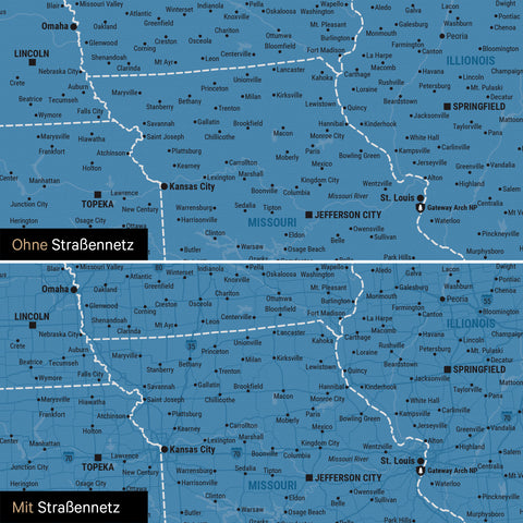 Kanada & USA Karte Pinn-Leinwand in Blau optional mit dem Straßennetz der größten Highways und Interstates