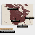 Vielfältige Konfigurationsmöglichkeiten einer Kanada & USA Landkarte als Pinn-Leinwand in Farbe Bordeaux Rot