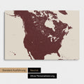Neutrale und schlichte Ausführung einer Kanada & USA Karte als Pinn-Leinwand in Bordeaux Rot
