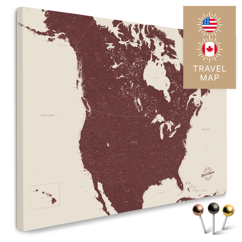 Kanada & USA Landkarte in Bordeaux Rot mit sehr hohem Detailgrad als Pinnwand Leinwand zum Pinnen und Markieren von Reisezielen kaufen