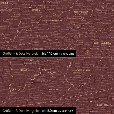 Kanada & USA Landkarte TRAVEL® Pinn-Leinwand – Bordeaux Rot