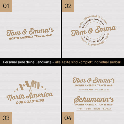 Kanada & USA Landkarte mit hohem Detailgrad als Pinnwand Leinwand in Braun mit Personalisierung und Eindruck mit deinem Namen