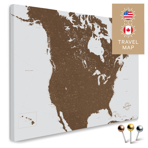 Kanada & USA Landkarte in Braun mit sehr hohem Detailgrad als Pinnwand Leinwand zum Pinnen und Markieren von Reisezielen kaufen