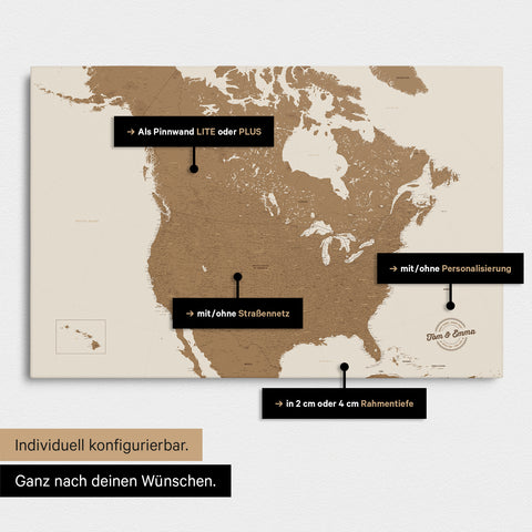 Vielfältige Konfigurationsmöglichkeiten einer Kanada & USA Landkarte als Pinn-Leinwand in Farbe Bronze