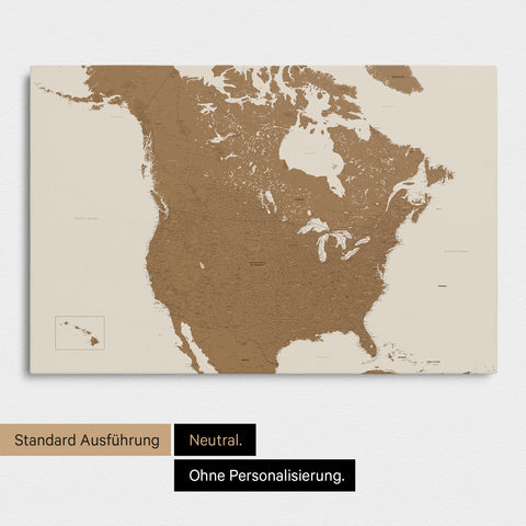 Neutrale und schlichte Ausführung einer Kanada & USA Karte als Pinn-Leinwand in Bronze