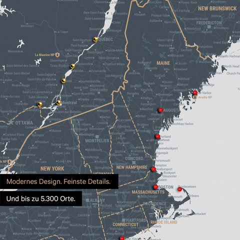 Ausschnitt einer Kanada & USA Landkarte als Pinn-Leinwand in Denim Blue zeigt Reiseziele und Highlights in New Brunswick und New England