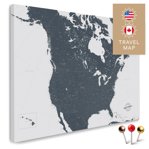 Kanada & USA Landkarte in Denim Blue mit sehr hohem Detailgrad als Pinnwand Leinwand zum Pinnen und Markieren von Reisezielen kaufen