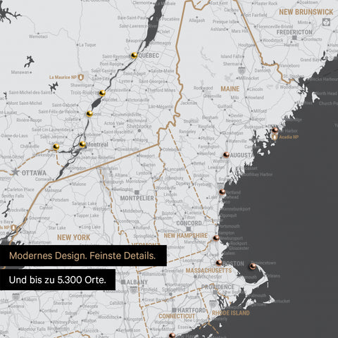 Ausschnitt einer Kanada & USA Landkarte als Pinn-Leinwand in Dunkelgrau zeigt Reiseziele und Highlights in New Brunswick und New England