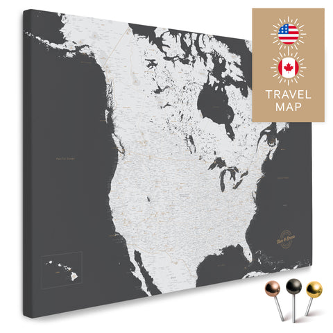 Kanada & USA Landkarte in Dunkelgrau mit sehr hohem Detailgrad als Pinnwand Leinwand zum Pinnen und Markieren von Reisezielen kaufen