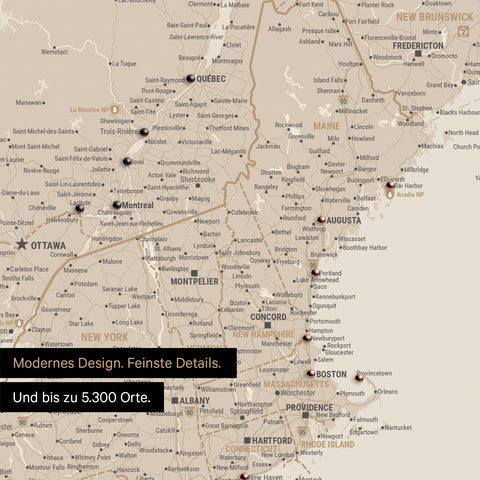 Ausschnitt einer Kanada & USA Landkarte als Pinn-Leinwand in Gold zeigt Reiseziele und Highlights in New Brunswick und New England
