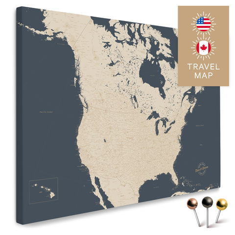 Kanada & USA Landkarte in Hale Navy (Dunkelblau-Gold) mit sehr hohem Detailgrad als Pinnwand Leinwand zum Pinnen und Markieren von Reisezielen kaufen