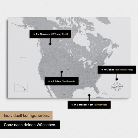 Vielfältige Konfigurationsmöglichkeiten einer Kanada & USA Landkarte als Pinn-Leinwand in Farbe Hellgrau