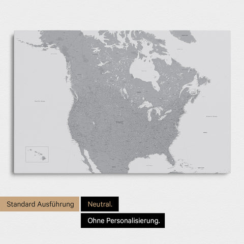 Kanada & USA Landkarte mit hohem Detailgrad als Pinnwand Leinwand in Hellgrau mit Personalisierung und Eindruck mit deinem Namen