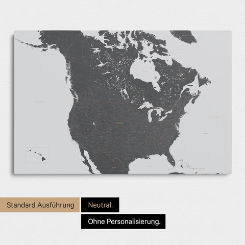 Neutrale und schlichte Ausführung einer Kanada & USA Karte als Pinn-Leinwand in Light Gray
