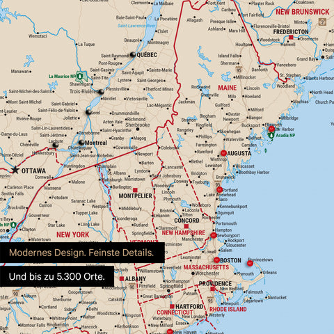 Ausschnitt einer Kanada & USA Landkarte als Pinn-Leinwand in Multicolor zeigt Reiseziele und Highlights in New Brunswick und New England