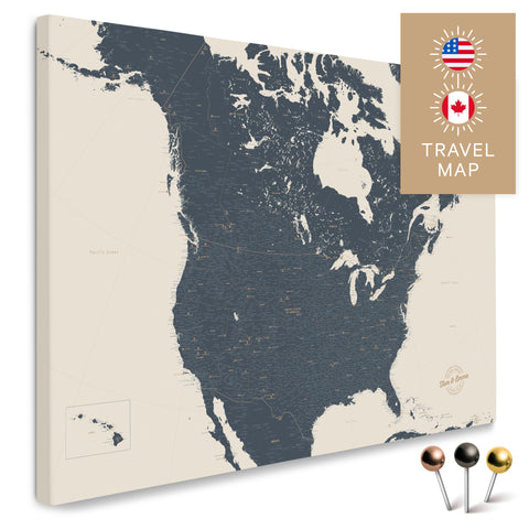 Kanada & USA Landkarte in Navy Light mit sehr hohem Detailgrad als Pinnwand Leinwand zum Pinnen und Markieren von Reisezielen kaufen