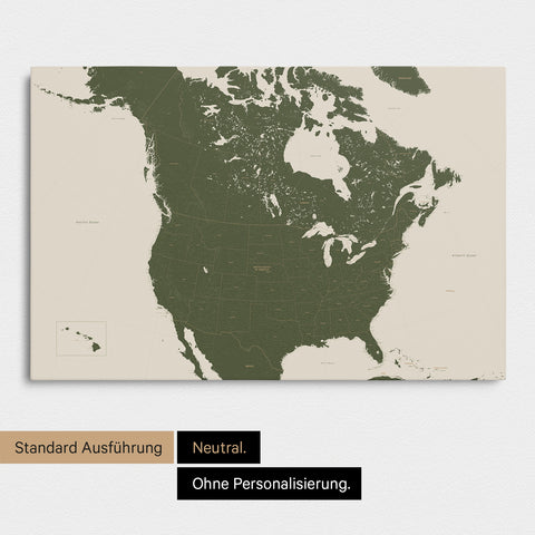 Neutrale und schlichte Ausführung einer Kanada & USA Karte als Pinn-Leinwand in Grün