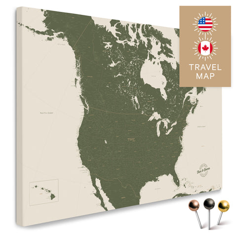 Kanada & USA Landkarte in Grün mit sehr hohem Detailgrad als Pinnwand Leinwand zum Pinnen und Markieren von Reisezielen kaufen