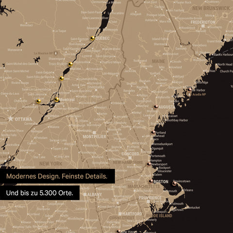 Ausschnitt einer Kanada & USA Landkarte als Pinn-Leinwand in Sonar Black zeigt Reiseziele und Highlights in New Brunswick und New England