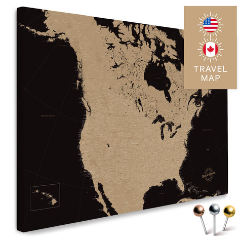 Kanada & USA Landkarte in Sonar Black mit sehr hohem Detailgrad als Pinnwand Leinwand zum Pinnen und Markieren von Reisezielen kaufen
