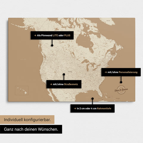 Vielfältige Konfigurationsmöglichkeiten einer Kanada & USA Landkarte als Pinn-Leinwand in Farbe Treasure Gold